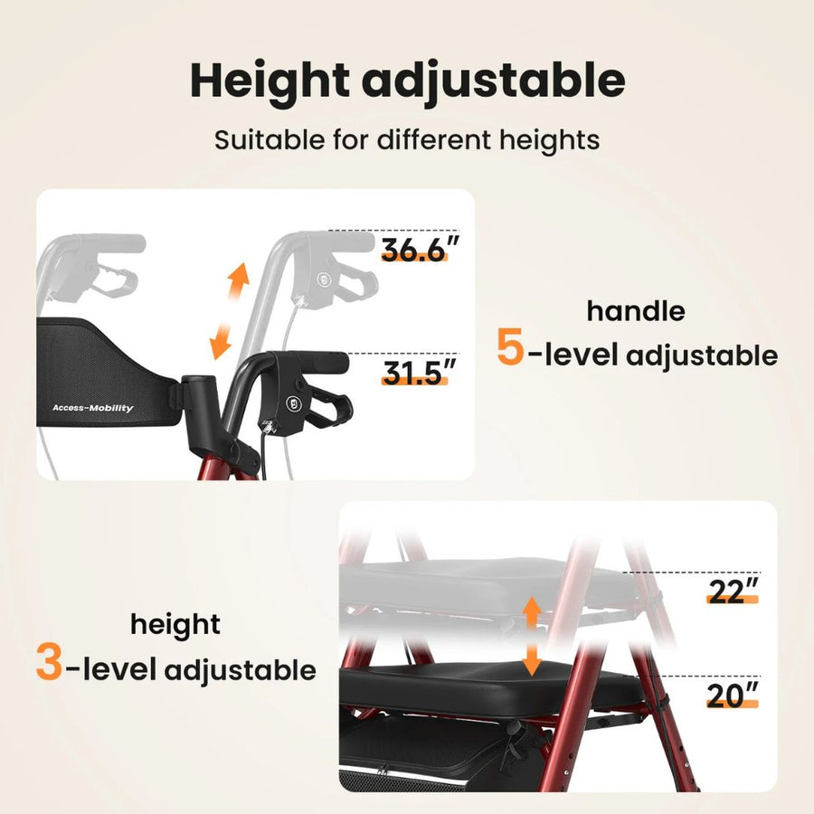 Foldable Rollator Walker for Seniors — 8" Wheels with Seat | StandSupport