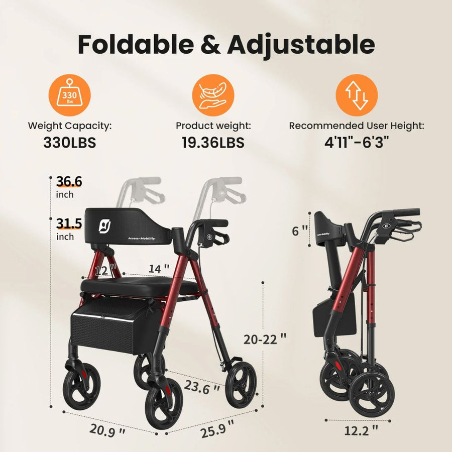 Foldable Rollator Walker for Seniors — 8" Wheels with Seat | StandSupport
